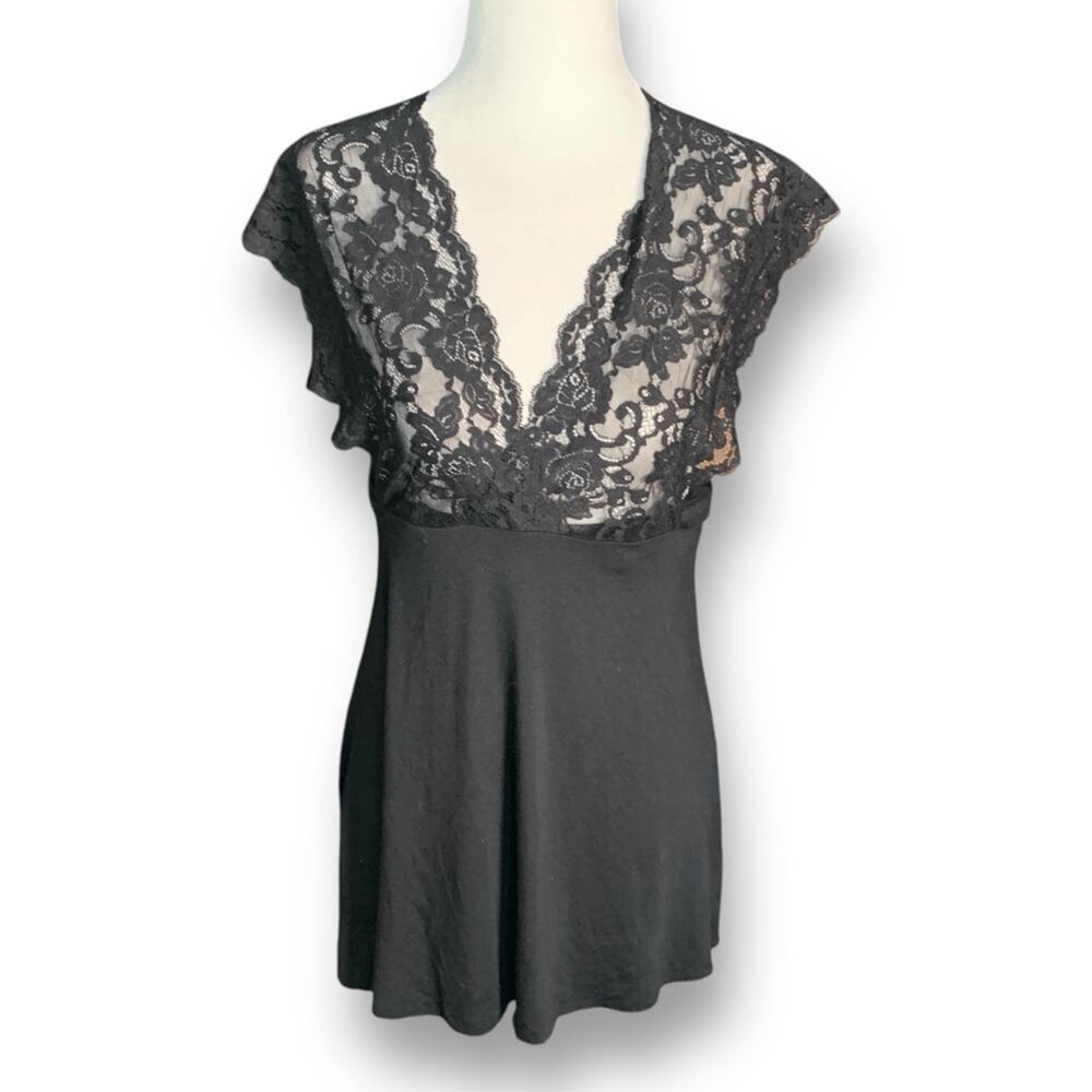 Vintage Y2K Ann Ferriday Black Lace Sheer Babydoll Blouse Small Bow Tie Back
